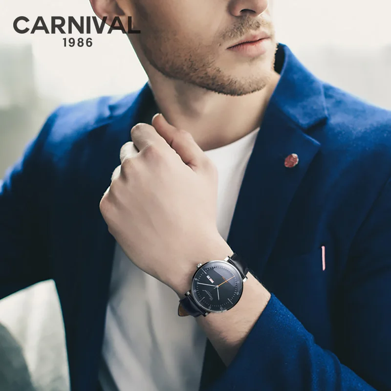 Fashion Ultra thin Royal Watch Automatic CARNIVAL High end Mechanical Watch men Calendar Week Leather Band Sapphire Waterproof