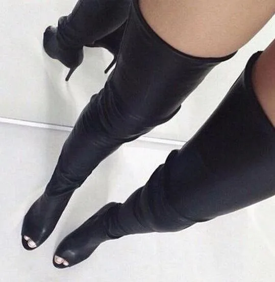 Sexy Open Toe Women Over The Knee Boots Black Leather Zipper Back Ladies High Heel Boots Female Fashion Dress Boots Spring Boots