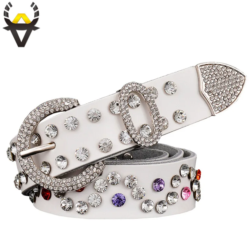 Cinto de couro feminino, cinto de couro genuíno para mulheres, luxuoso, com strass, segunda camada de couro, largura de 2.8 cm