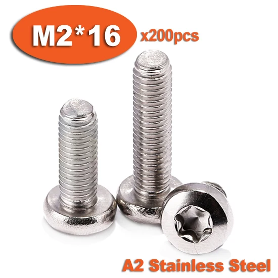 200pcs DIN7985 M2 x 16 A2 Stainless Steel Torx Pan Head Machine Screw Screws