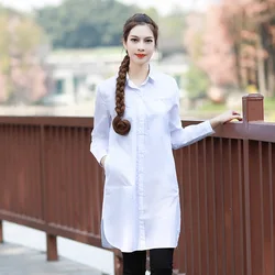 Camisa larga de manga larga con cuello vuelto para mujer, blusa básica de talla grande, vestido blanco, Otoño, 2019