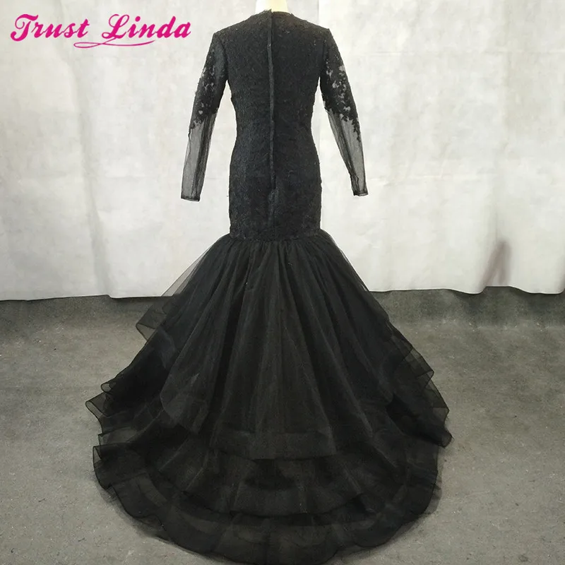 Robe mère sirène noire glamour, longue, col en v, robes de bal, avec des Appliques en dentelle, manches longues, robe de soirée à plusieurs niveaux