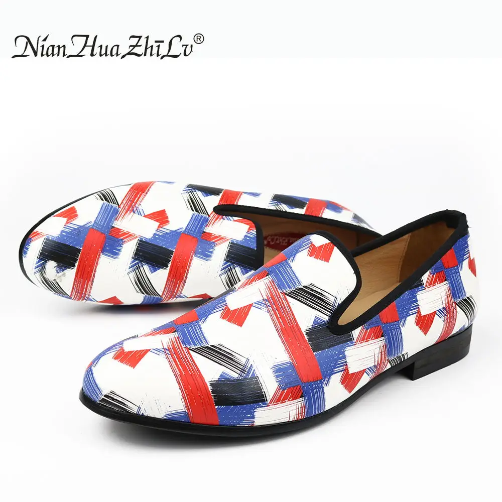 XQWFH Men Leather Shoes Mixed Colors Printed Loafers Fashion Handmade Casual Shoes Men\'s Party Wedding Dress Shoes Smoking Flats