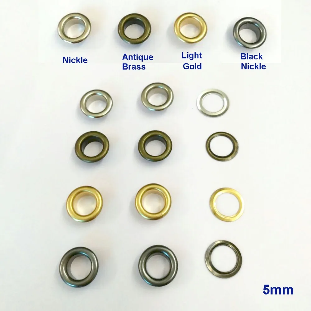 Wholesale 400sets/lot 5mm inner 2016070102 metal brass eyelets with washer small round metal grommets nickle/Black/Bronze