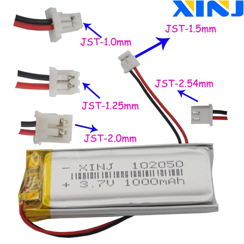 

3.7V 1000mAh 3.7Wh Li Lithium Battery 102050 2Pin 1.0/1.25/1.5/2.0/2.54 JST Connector For GPS Car Camera Navigation Music Player