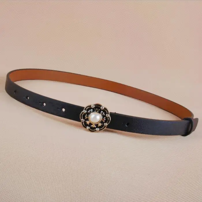 High Quality Leather Slim Belt small Fashion Women Skinny Leather Waist Strap Brown Black Thin Belts enamel flower pearl buckle