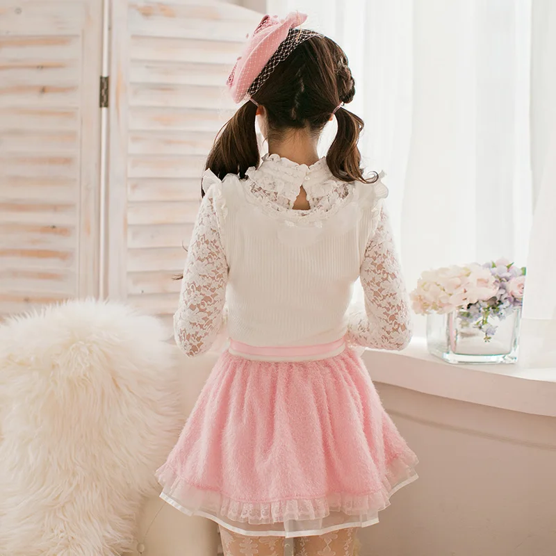 Princess sweet white sweate Candy rain bow decoration embroidery  Japanese design hollow out lace shirt winter C16CD6216