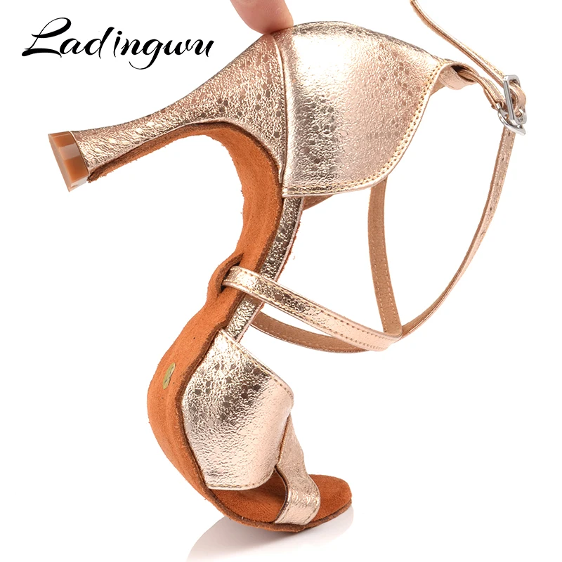 Ladingwu zapatos de baile latino para mujer, sandalias de baile de salón de PU, naranja, dorado y plateado, zapatos de competición para Salsa