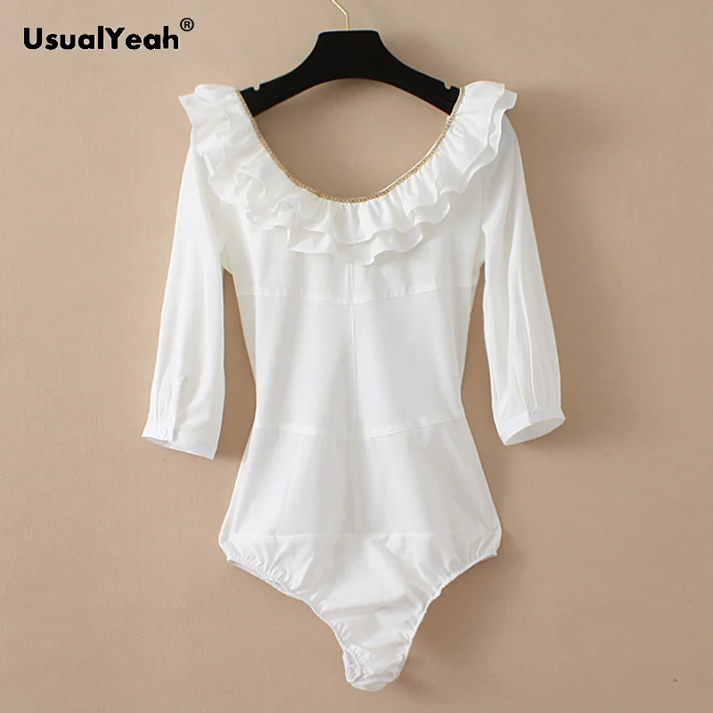 UsualYeah Elegant Tiered Ruffles Slash Neck Bodysuit Autumn 3/4 Sleeve Metal Chain Body Shirt and Blouse Beige S M L XL