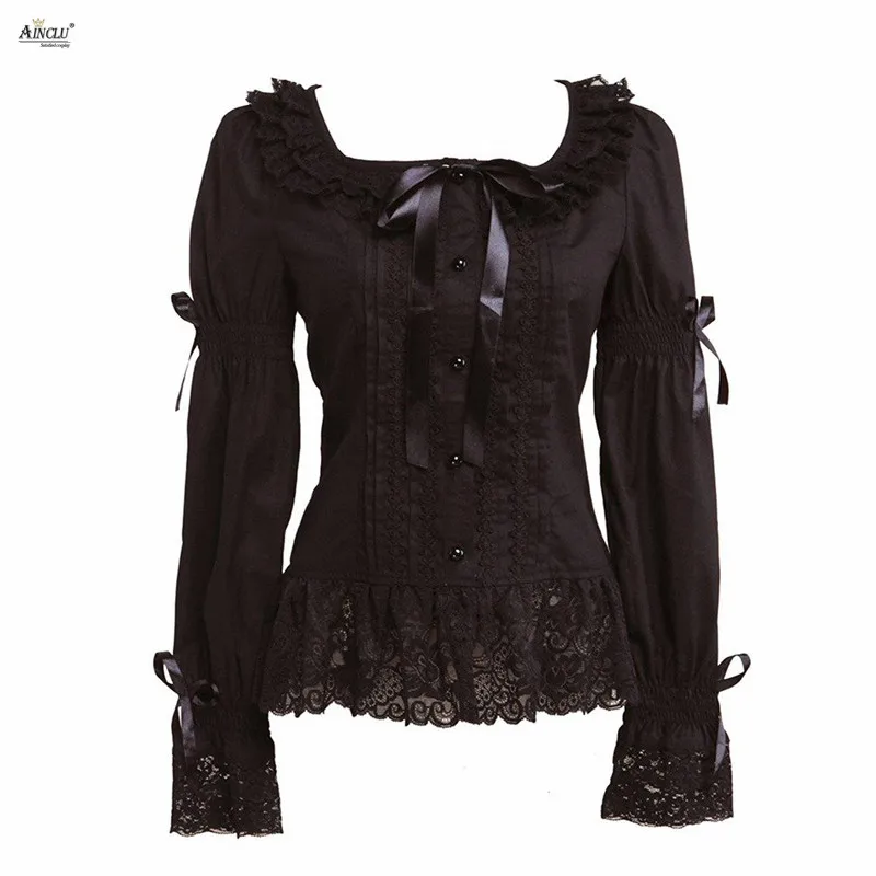 Womens Lolita Blouse Gothic Fashion High Quality Elegant Court Cotton Black Long Sleeves Lace Vrsatile Occasion Lolita Blouse