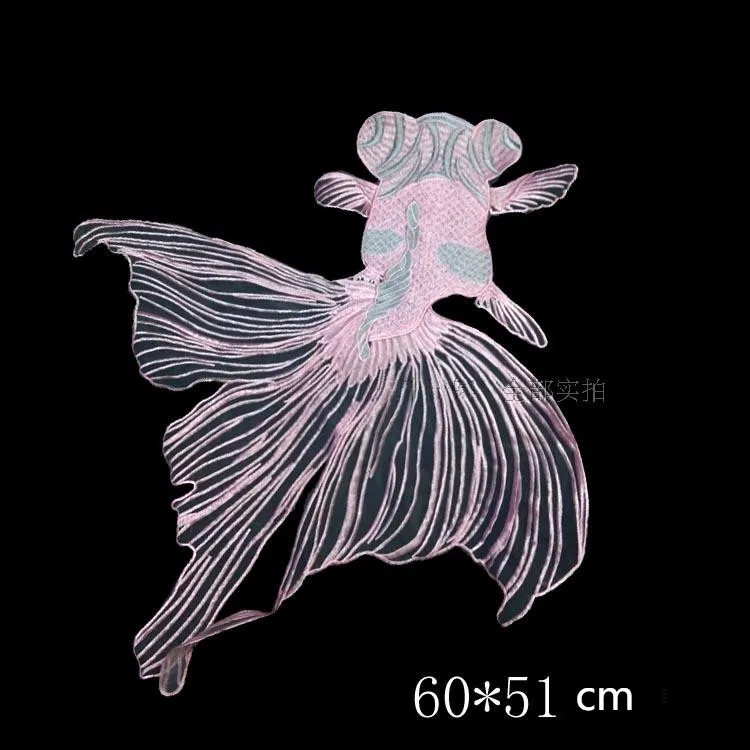 A large fluorescent green embroidery goldfish patch Chiffon red goldfish applique patch for clothes