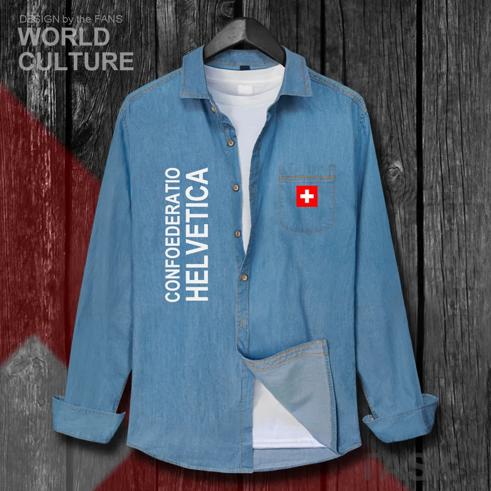 Swiss Confederation Switzerland CHE CH Confoederatio Helvetica Men Clothes Autumn Cotton Jean Shirt Long Sleeve Cowboy Coat Flag