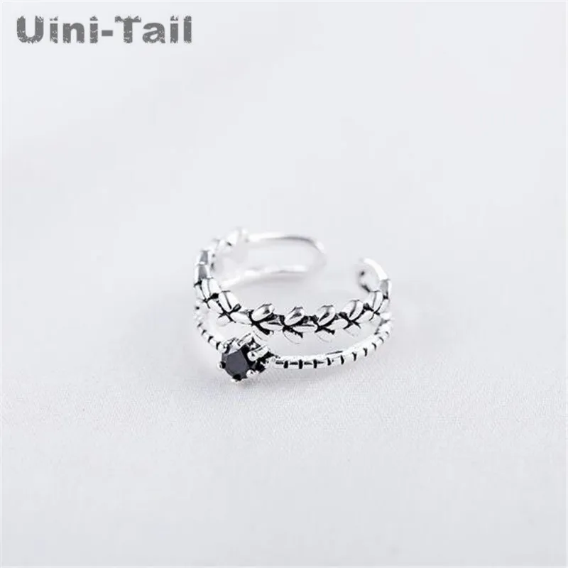 Uini-Tail hot new 925 Tibetan silver creative obsidian leaf ring Korea simple fashion dynamic high quality ring GN483