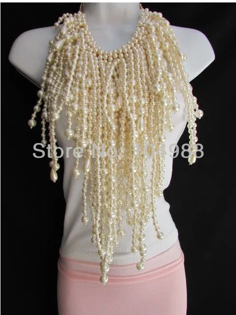 FREE SHIPPING NEW STYLE B99 WOMEN FASHION OVER SIZED WIDE MULTI STRAND CREAM IMI PEARLS BEADS LONG NECKLACE