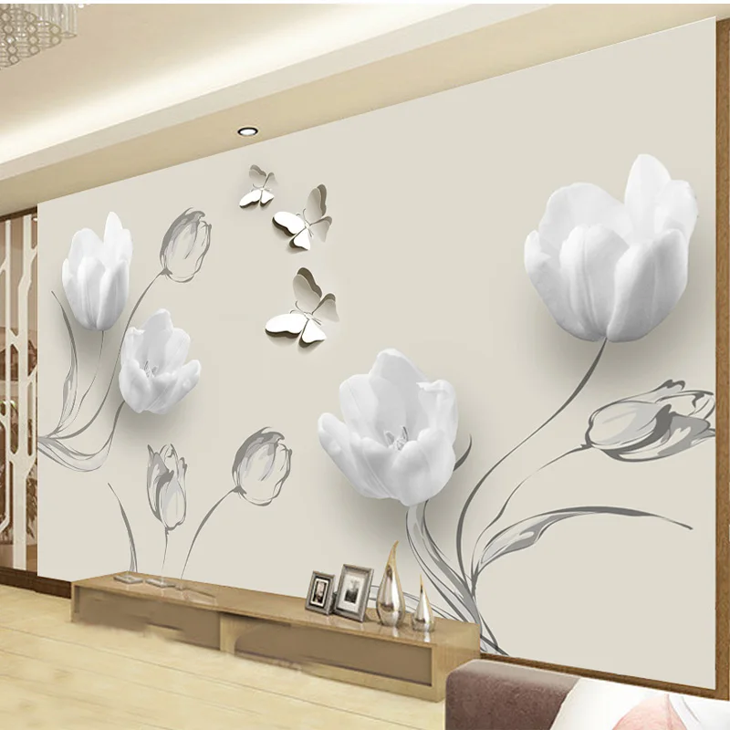 Fashion Simple Tulip Butterfly Photo Mural Wallpaper 3D Living Room TV Sofa Background Wall Cloth Decoration Papel De Parede 3D