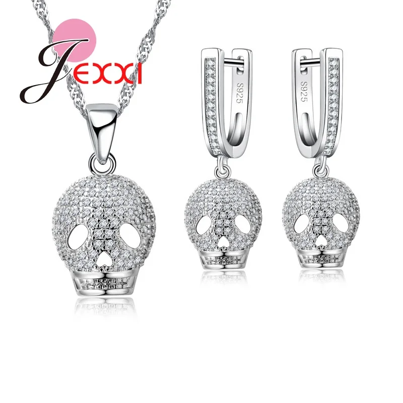 Unique Ugly Skull Jewelry Set For Women Fashion Silver  Necklace Earrings Set Crystal Decoration For Cocktail Party