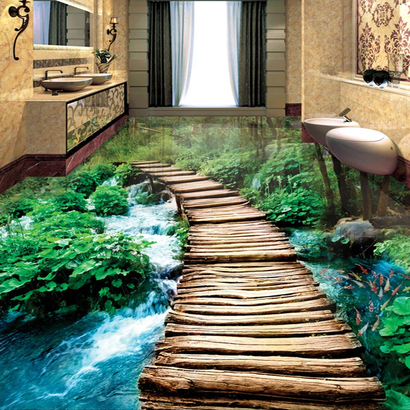 Forest Waterfall Small Bridge Running Water 3D Photo Wallpaper Custom 3D Floor Mural PVC Self-Adhesive Vinyl Wallpaper Bedroom