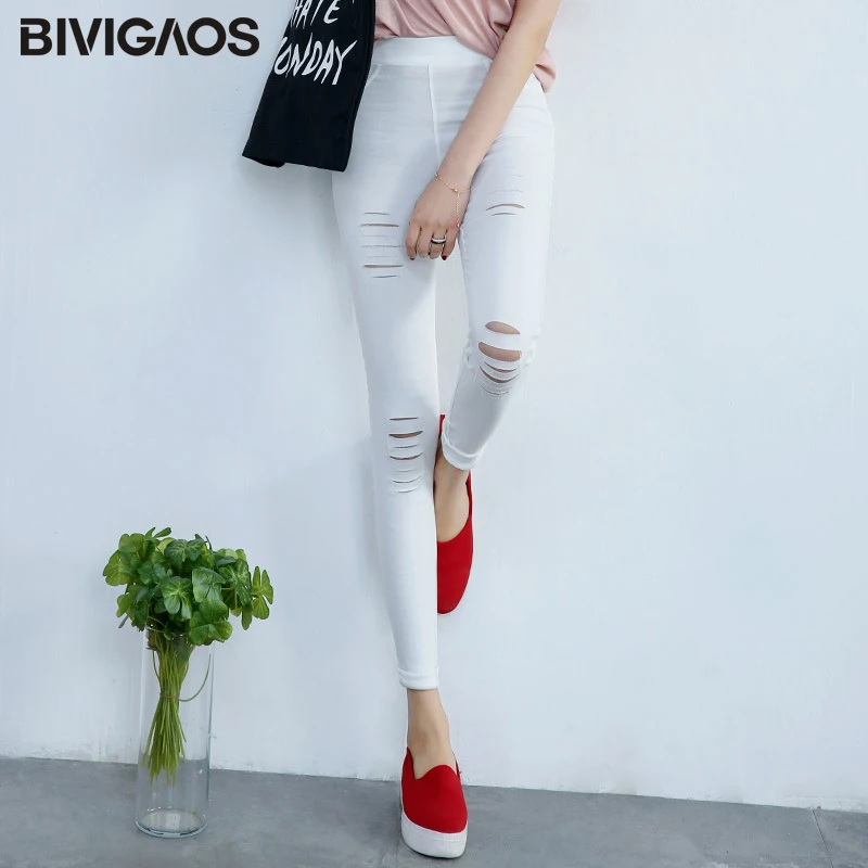 BIVIGAOS Womens Ripped Pencil Pants Elastic Woven Many Holes Casual Pants Solid Color Black Leggings Slim Legging Pants Women