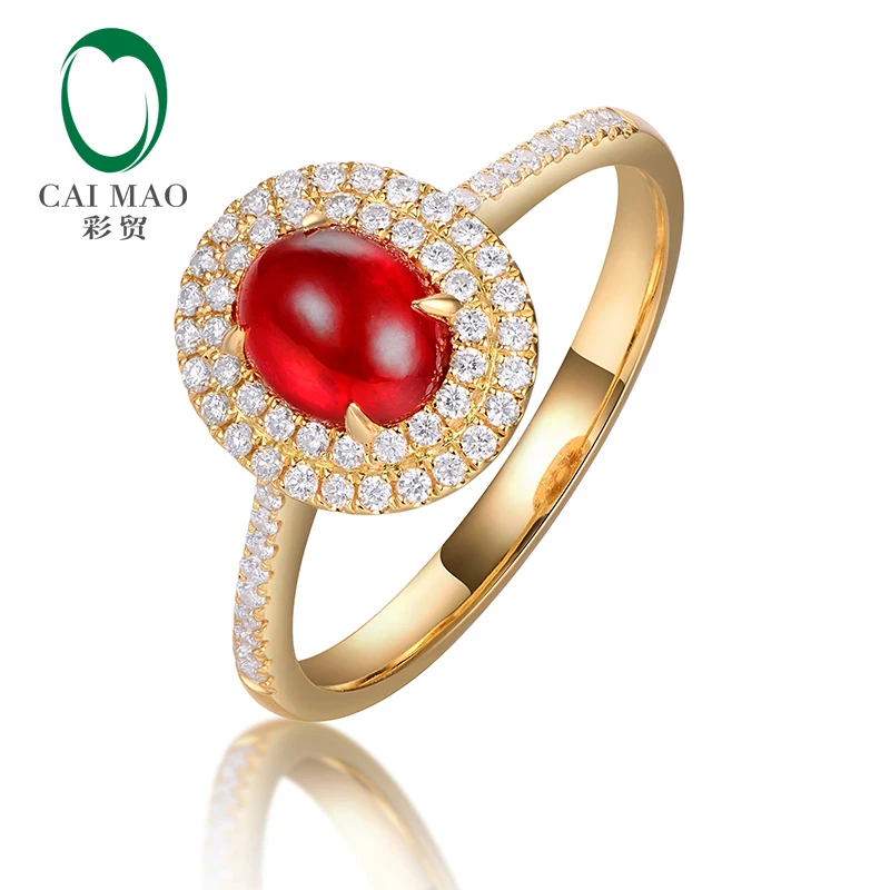 Caimao Claw Prongs 1.21ct Natural Cabochon Cut Ruby Halo Diamond 14kt Yellow Gold Engagement Wedding Ring