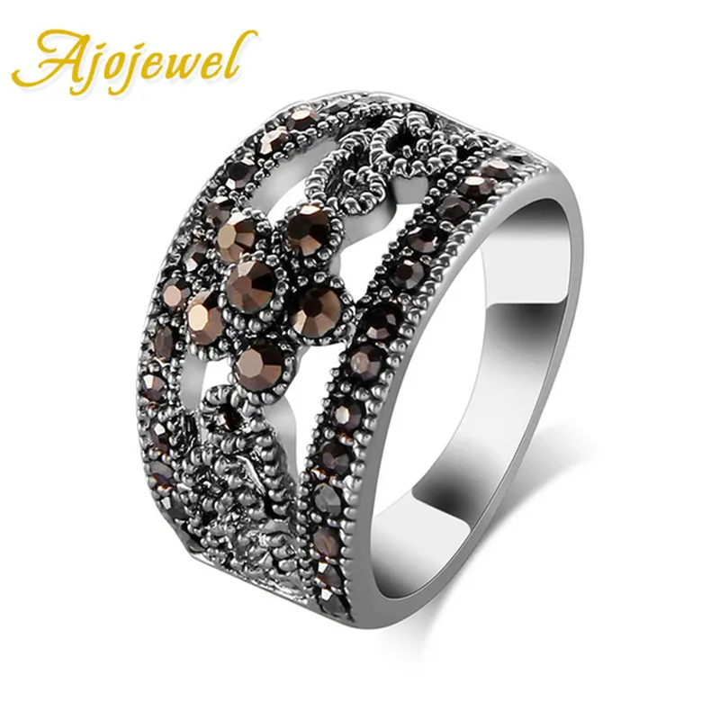 Ajojewel Flower Design Black Marcasite Band Ring Woman Vintage Jewelry