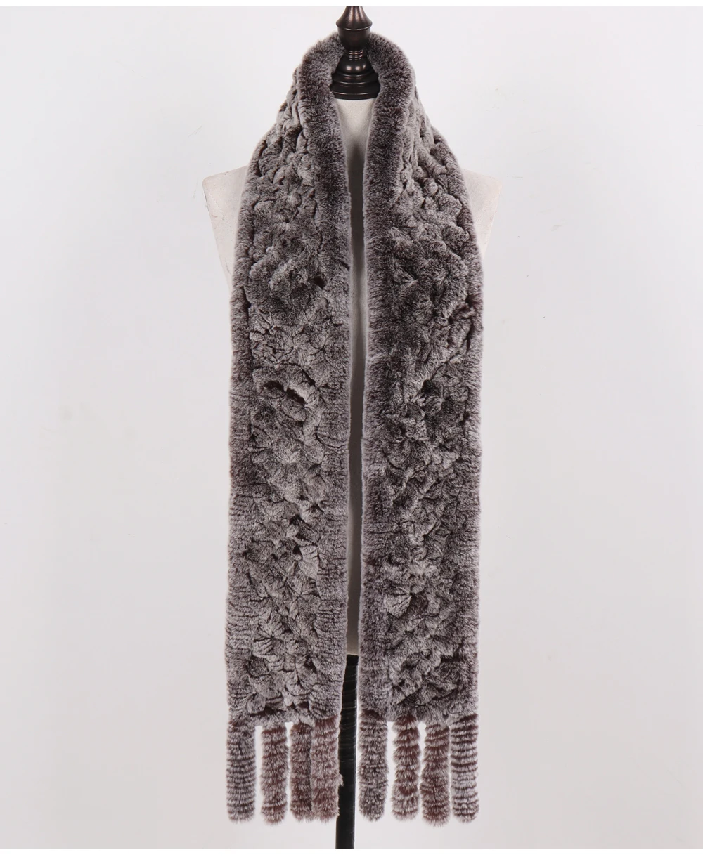 Neue Damen-Schals aus 100% natürlichem Rex-Kaninchenfell, langer Stil, gestrickte Rex-Kaninchenfell-Quastenschals, warme Echtfell-Schals für den Winter. – Detail 19