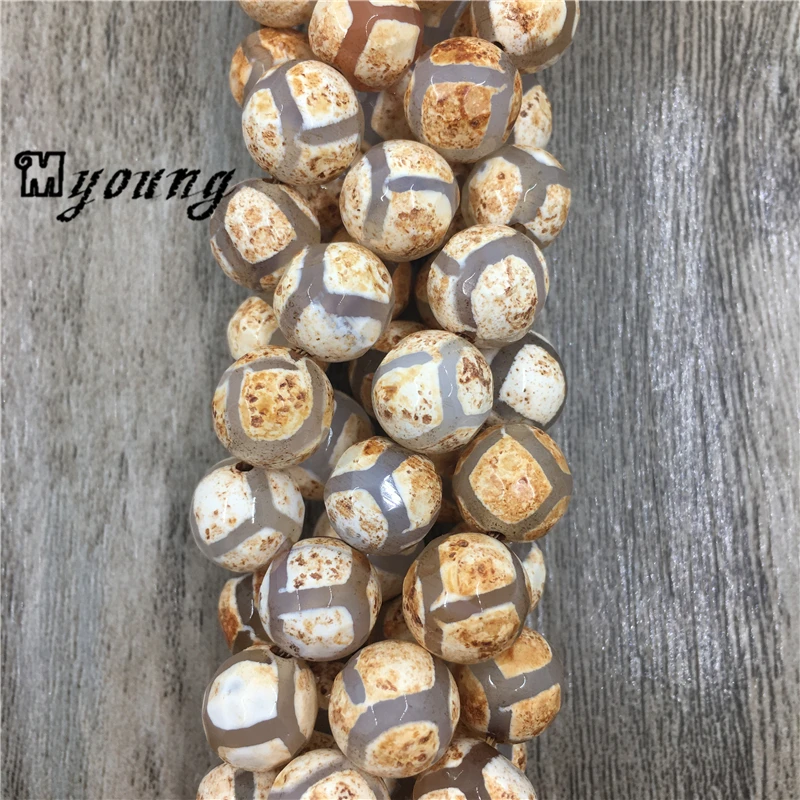 Faceted Natural Beige Tibetan DZI Agates Beads, Three Evil Eyes Football Stripe Brown Tribal Ethnic Agates Beads MY1523