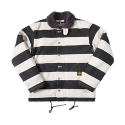 BOB DONG Vintage Prison Stripe Motorcycle N-1 Jacket Men's Biker Wool Lined Coat