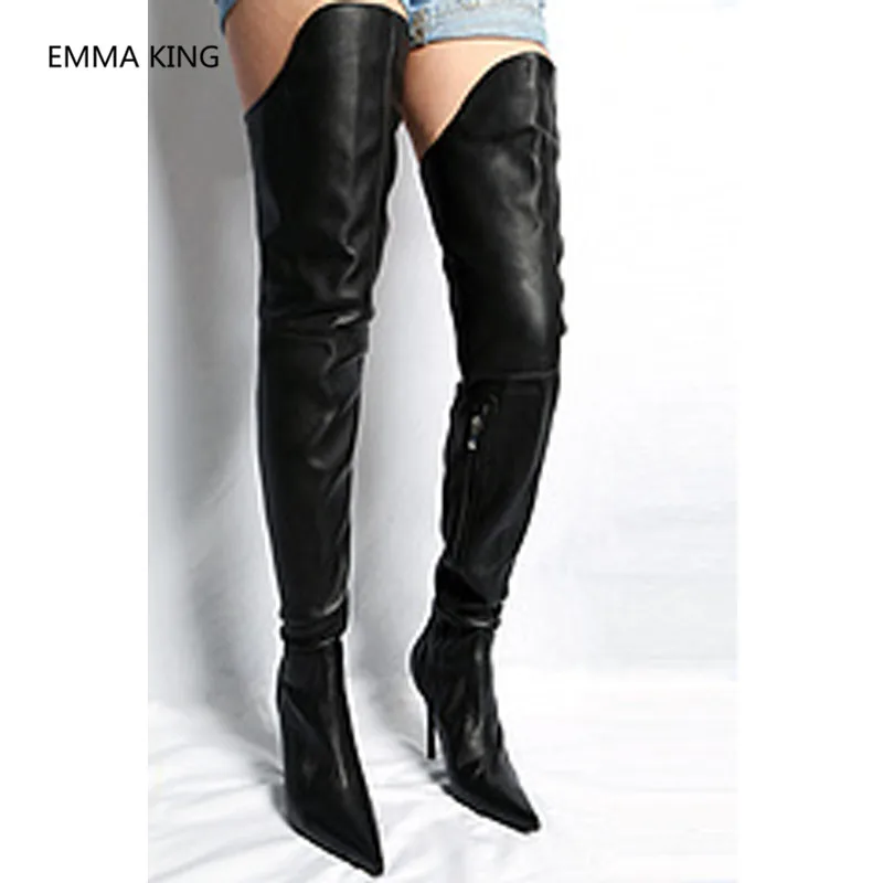 

Black Leather Thigh High Boots Women Fashion Pointed Toe Sexy Club High Heels Shoes Over The Knee Serpent Boots For Women Shoes