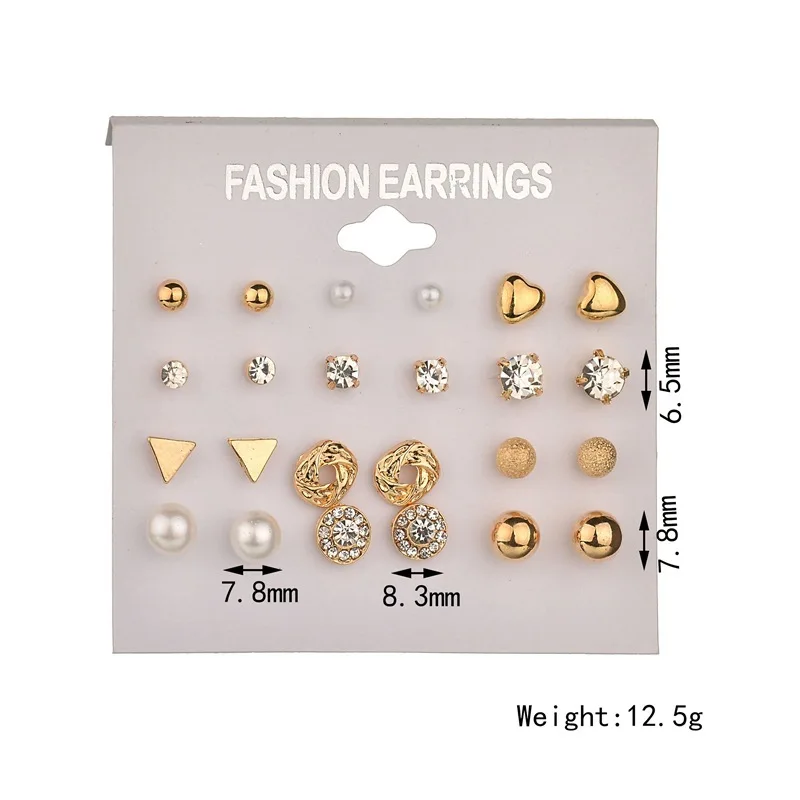 12 Pair/set Fashion Women Square Crystal Heart Stud Earrings For Women Piercing Simulated Pearl Earrings Pendientes Bijoux