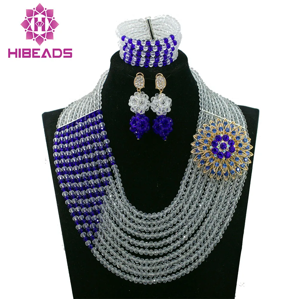 African Wedding Beads Jewelry Set Classical Royal Blue/White Crystal Beads Jewelry Set Bridal Necklace Set Free Shipping ABL920