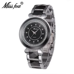 Miss Fox Orologi in ceramica bianca Abito da donna con diamanti rombici Orologio da polso per ragazze Movimento al quarzo Resistente all'acqua Montre Femme Saat