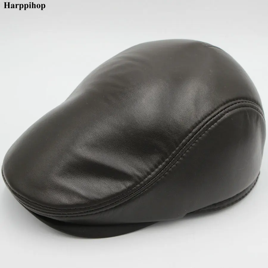 Fashion European Style Genuine Leather Caps Beret Man Casual Sheepskin leather Black/Brown Fitted Duckbill Hats Male Boina