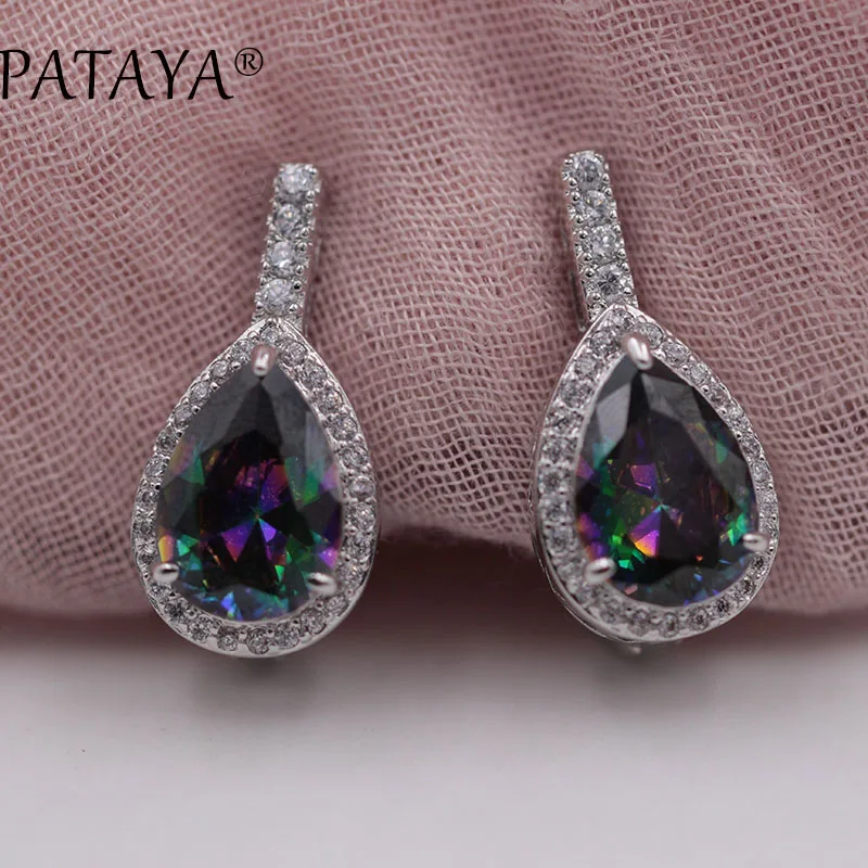 

PATAYA New True White Gold Color Dangle Earrings Oval Natural Zircon Earrings Women AB Multicolor Wedding Fine India Jewelry