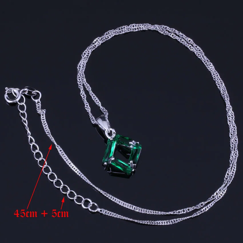 Glamorous Quadrilateral Green Cubic Zirconia Silver Plated Jewelry Sets Earrings Pendant Chain Ring V0972