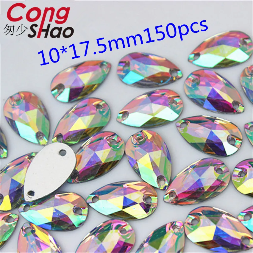 Cong Shao Mix 10 Size Shape Crystals AB Rhinestones trim Flat Back sewing 2 Hole Stones Resin Beads For DIY Wedding Dress YB668