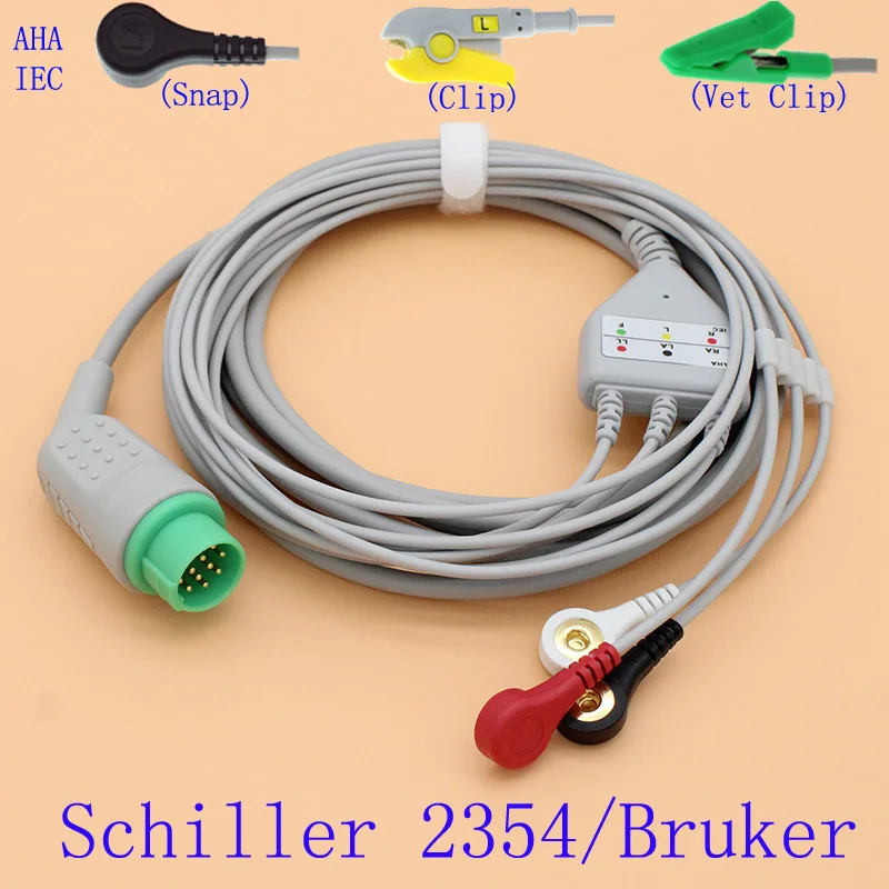 

12P ECG EKG 3 leads cable and electrode leadwire for Schiller 2354,Bruker SM784/785,AHA/IEC Snap/Clip/Vet clip ECG accessories