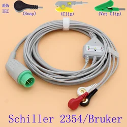 12P ECG EKG 3 leads cable and electrode leadwire for Schiller 2354,Bruker SM784/785,AHA/IEC Snap/Clip/Vet clip ECG accessories