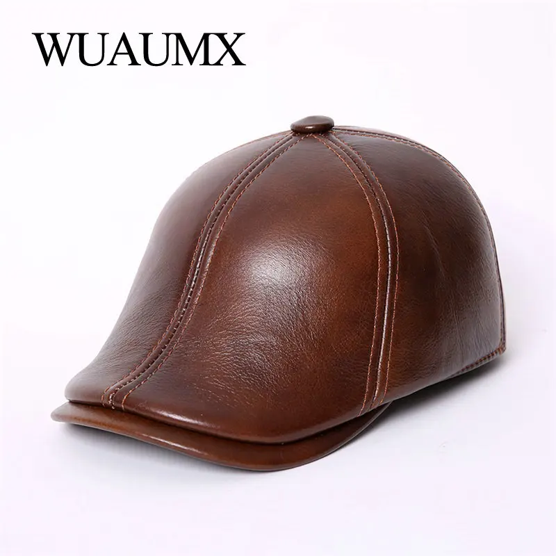 Genuine Cow Leather Berets For Men Lined With Cashmere Duckbill Winter Beret Hats Cowskin Warm Russian Hat With Ear flap