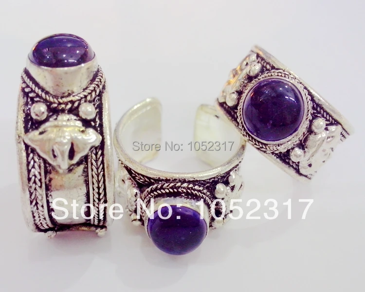 10pcs/Lot High Quality Retro Style Old Silver Ring Tibet Carved Lace inlay Purple Crystal Bead Nepal Ring Adjustable Unisex