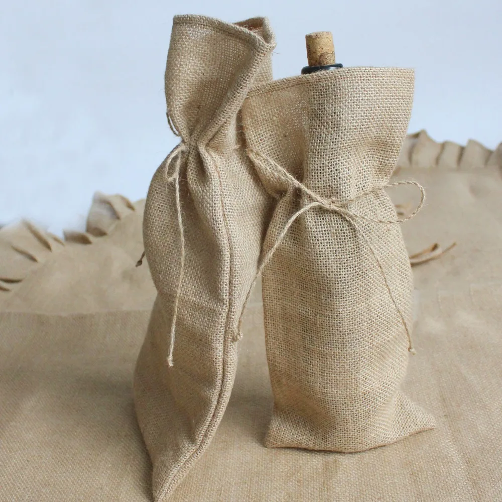 set of 5 pcs Jute Wine Bottle Bags Bottle Covers Linen Gift Pouches Burlap Hessian Packaging Bag P4767