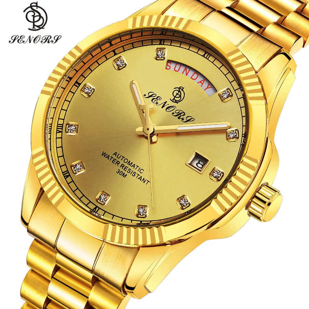 

SENORS Luxury double calendar men's automatic mechanical watches business gold watch relogio masculino men's wrist watch clock