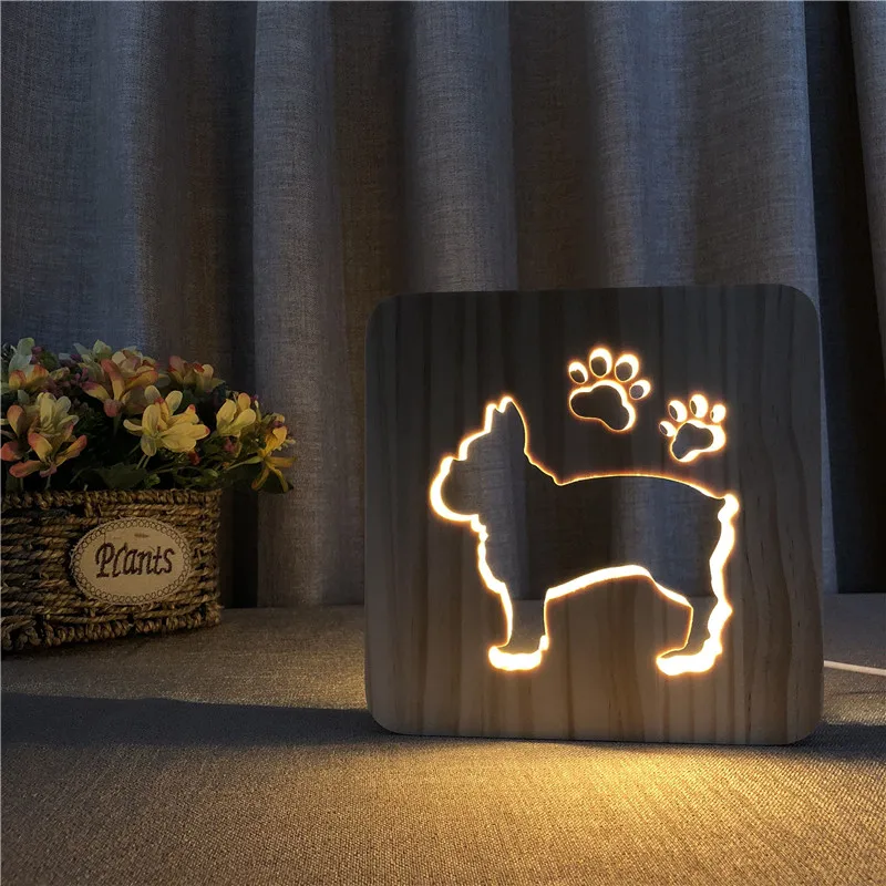 Lampe 3D en bois avec patte de chien et chat, alimentée par USB, ambiance chaleureuse, effet d\'illusion, luminaire décoratif idéal pour une chambre