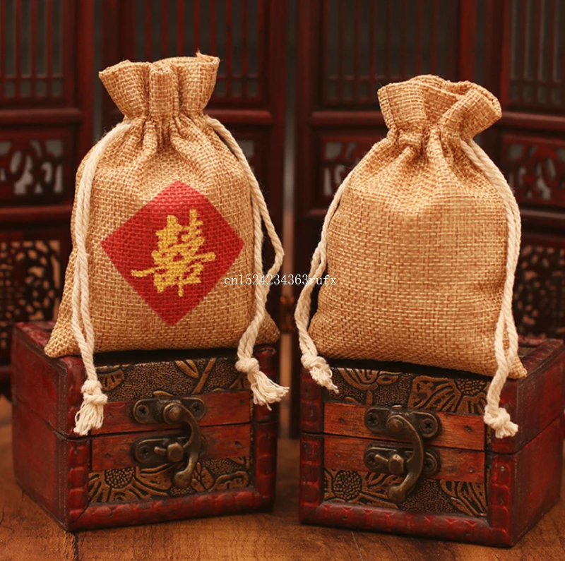 50pcs Burlap Candy Gift Bag Favor Bag Chinese Words 