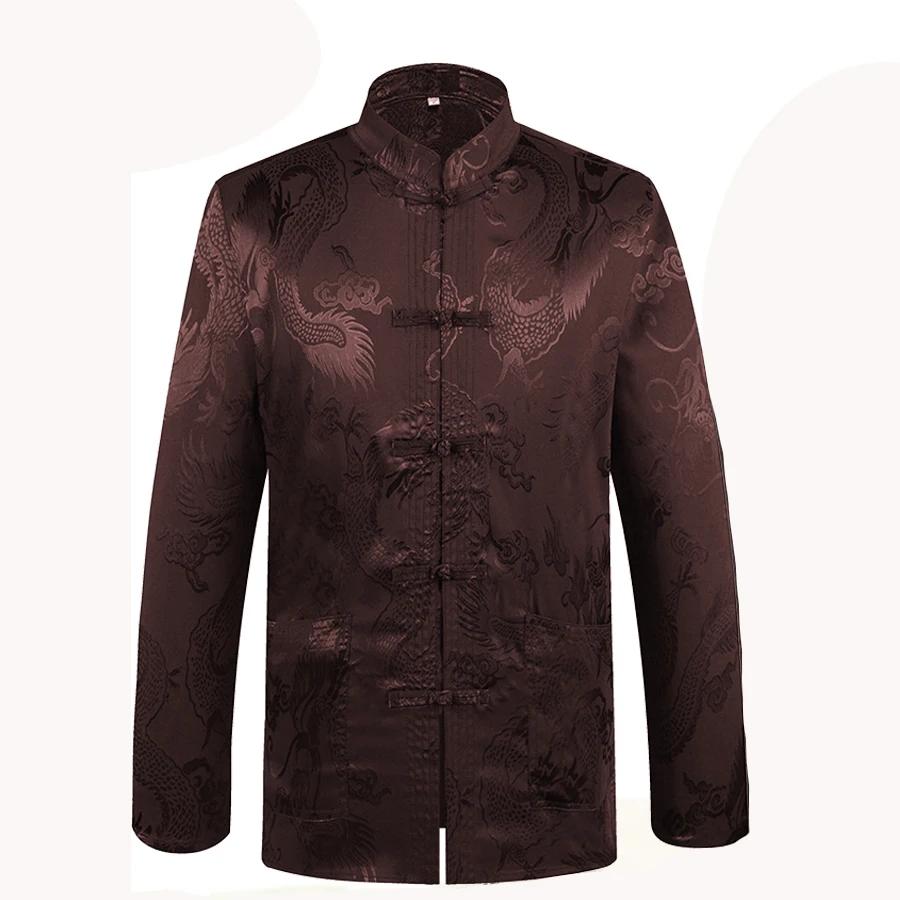 Traje Tang de seda de dragón para hombre, abrigo de satén tradicional chino negro con cuello mandarín, ropa de chaqueta de kungfú, novedad