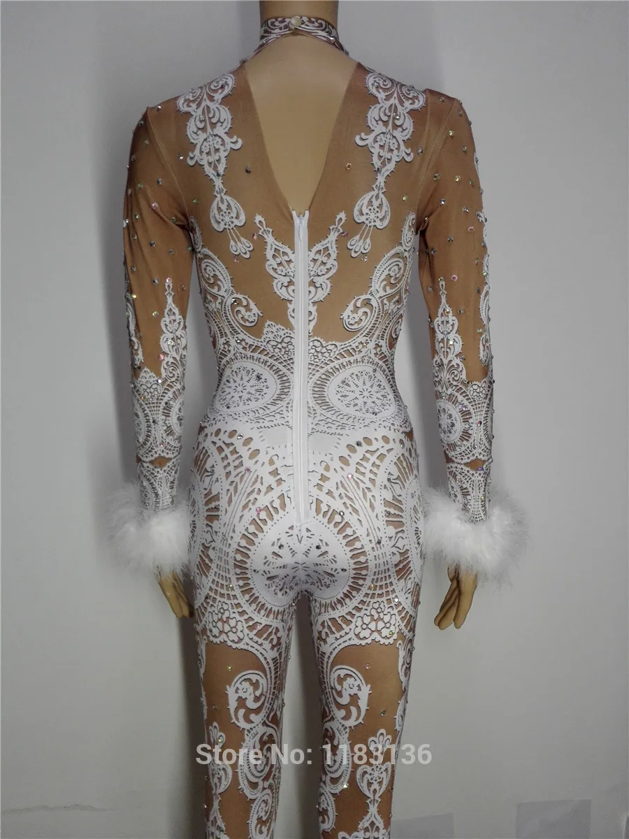 Tenue de soirée pour femmes, en dentelle blanche, plumes imprimées, élastique, Costume de Performance pour chanteur principal
