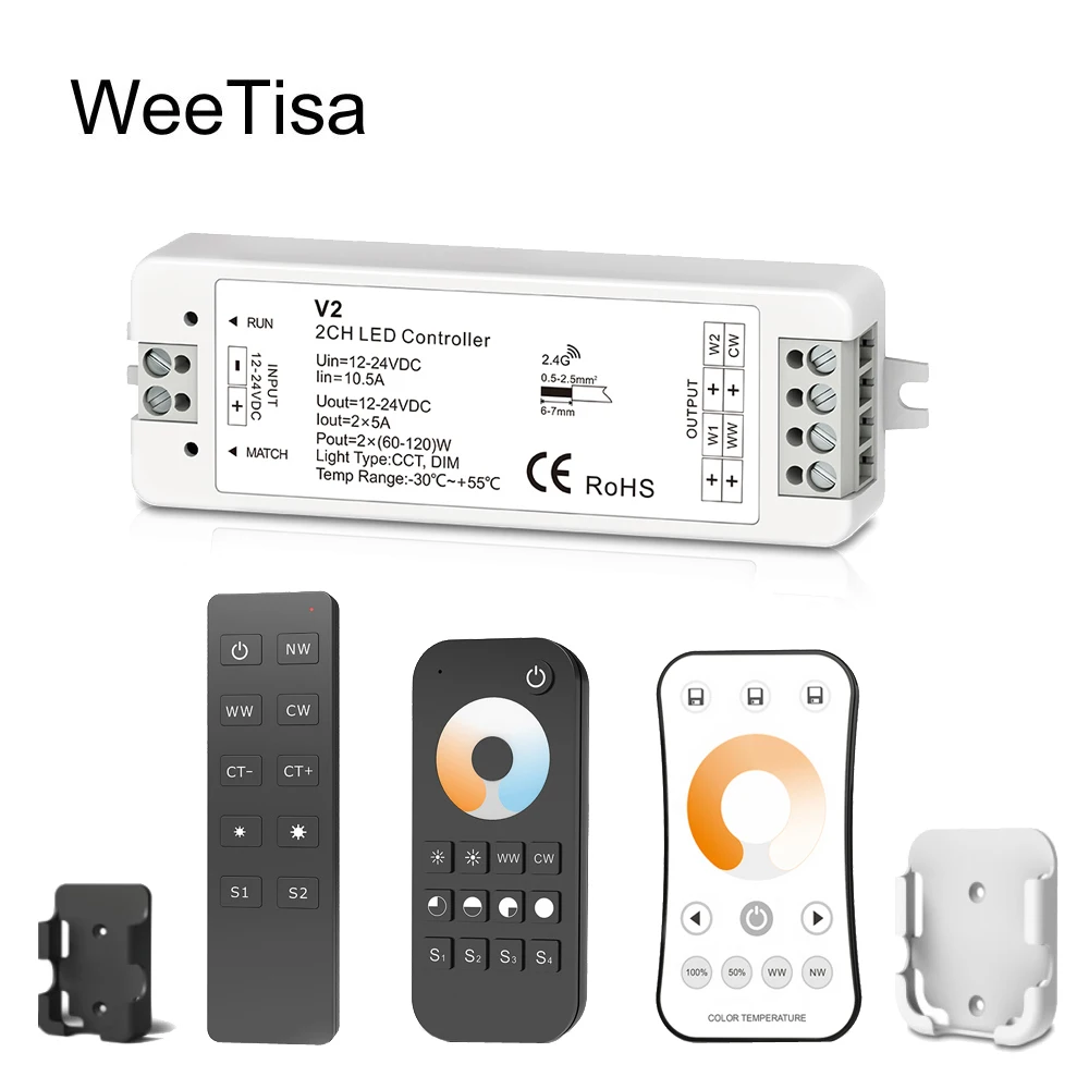 

LED Dimmer CCT Switch 12V 24V 10A 2CH 2.4G WW CW Single Color LED Strip Light RF Wireless Remote Wifi Smart 12 Volt Controller