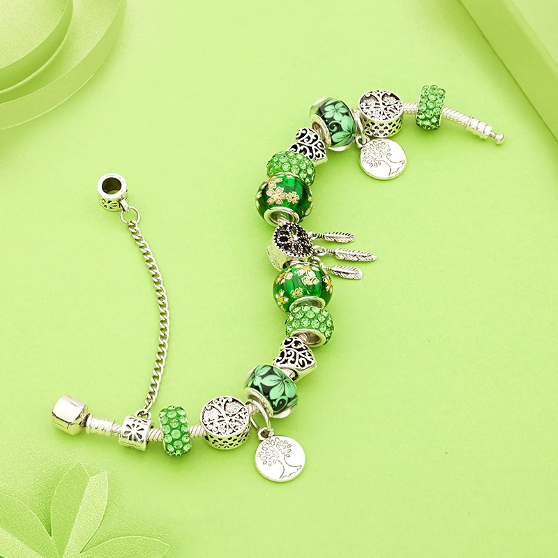 New Arrival Antique Tibetan Silver Dreamcatcher Charm Bracelet Green Tree of Life Bead Bracelets & Bangles with Flower as Xgift