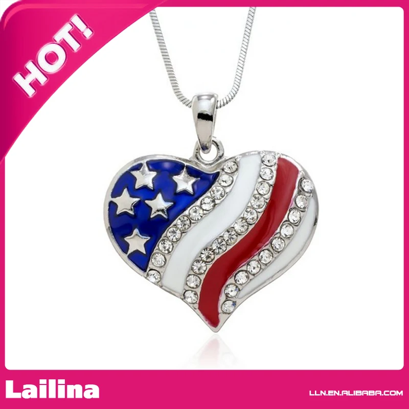 Silvertone Red White Blue American Flag Heart Pendant Necklace