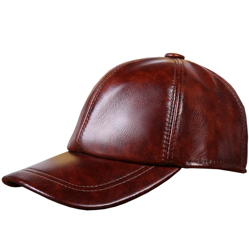 Genuine Cow Leather Baseball Caps Cowhide Men\'s Genuine Leather Baseball Hat Leisure Hat Adjustable B-7256