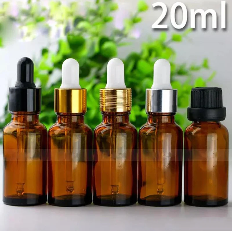 624pcs/lot Portable 20ml Amber Glass Dropper Bottles 6 Styles Cap Essential Oil Dropper bottle 20 ml Small Perfume Brown Vials